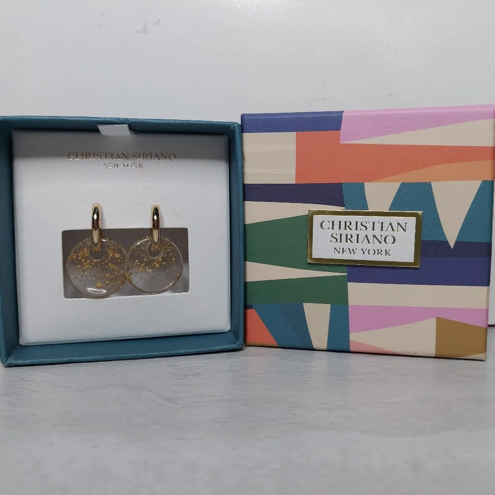 NEW Christian Siriano New York Clear Round Drop Earing With Gold Specks!  1 1/4" - Picture 2 of 6